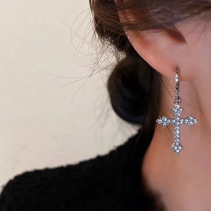 Korean Fashion Stainless Steel Cross Earrings with Rhinestone Zircon
