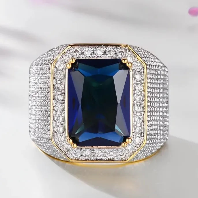 Wide Blue Black Cubic Zirconia Brass Ring for Women Wedding Engagement Jewelry