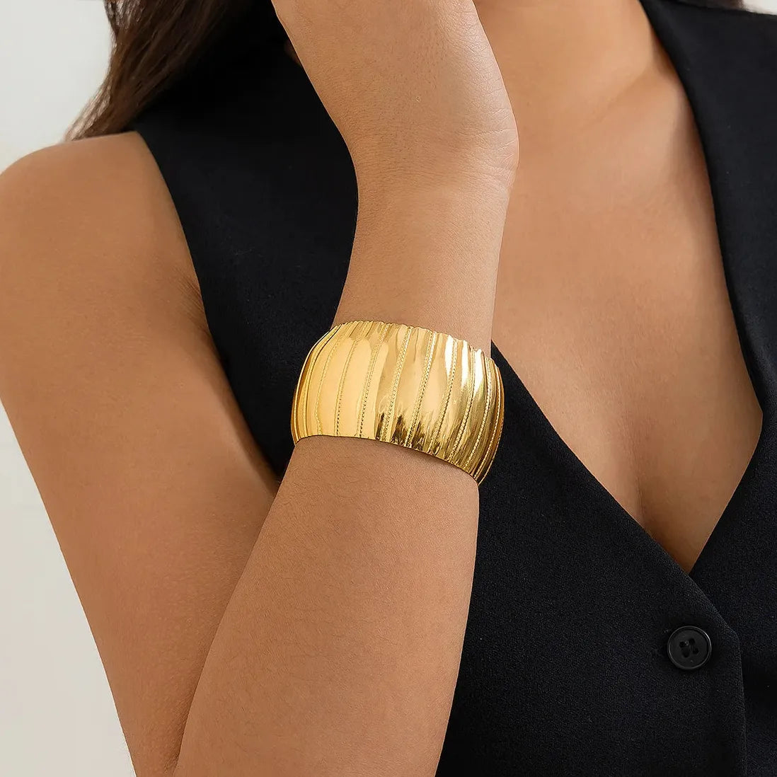 14k Gold Plated Punk Geometric Wide Adjustable Cuff Bracelet Bangle Men Women