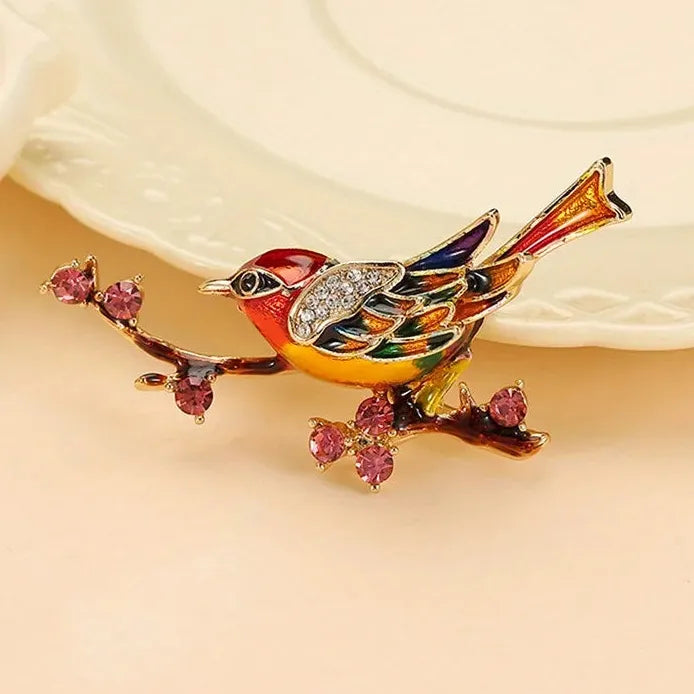 Vintage Magpie Bird Brooch Enamel Rhinestone Flower Pin for Women