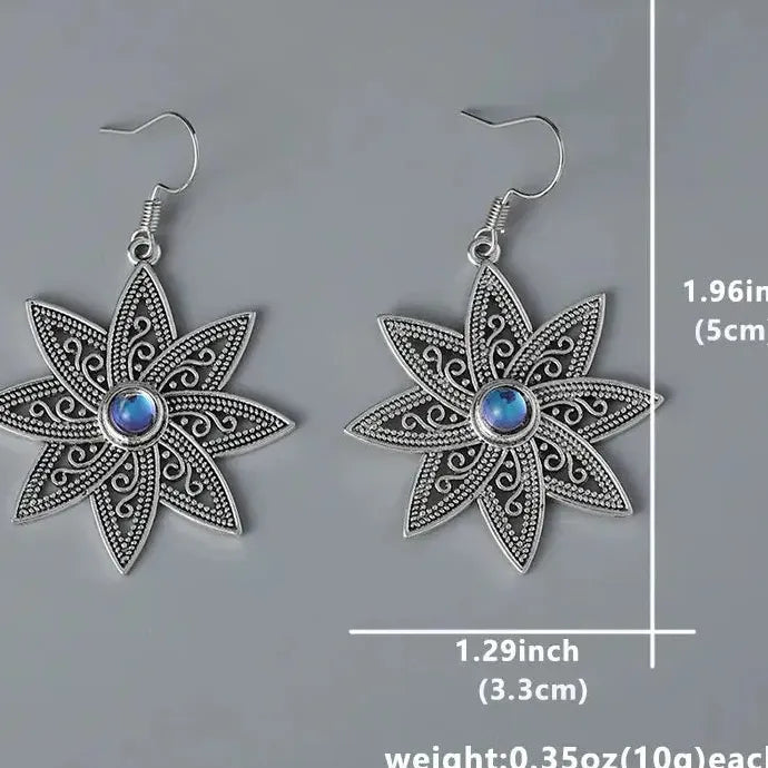Bohemian Moonstone Drop Earrings Retro Carving Flower Pendant Zinc Alloy Gift