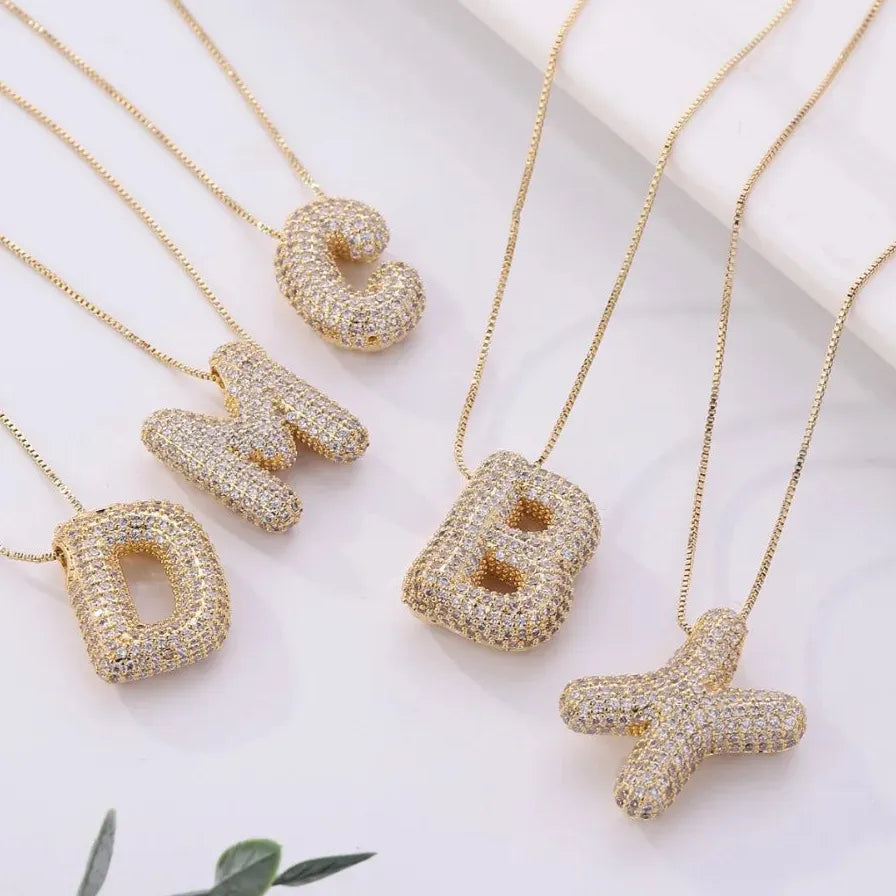 2026 Stainless Steel Bubble Letter A-Z Necklace Cubic Zirconia Pendant Women Girls