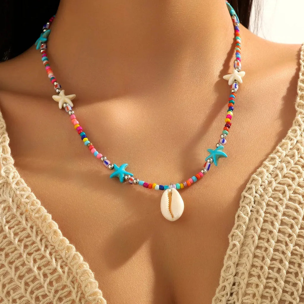 Boho Copper Star Pendant Necklace & Blue Beads Turtle Shell Choker