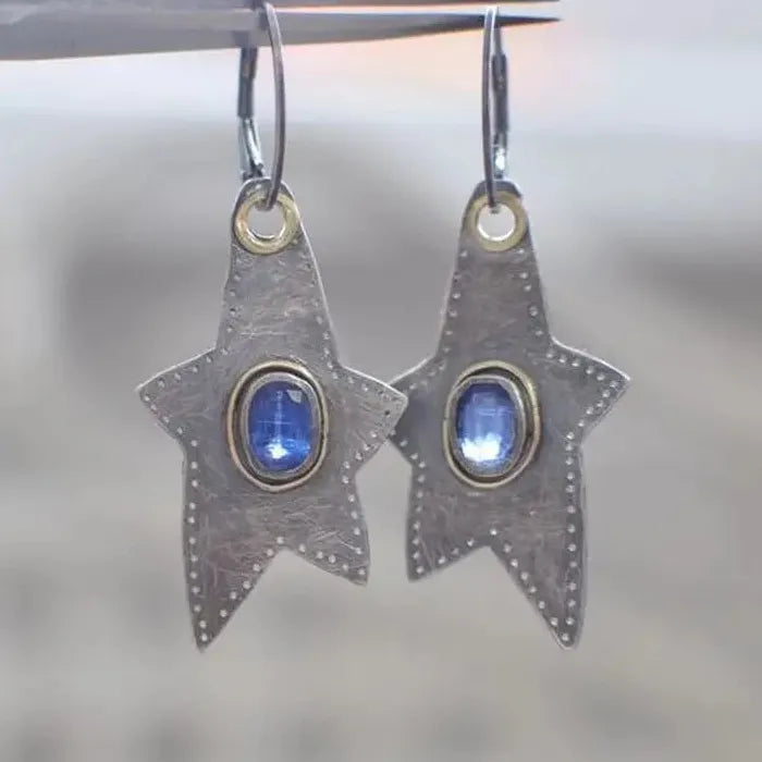 Vintage Pentagram Inlaid Blue Stone Earrings Ethnic Style Silver Drop Jewelry
