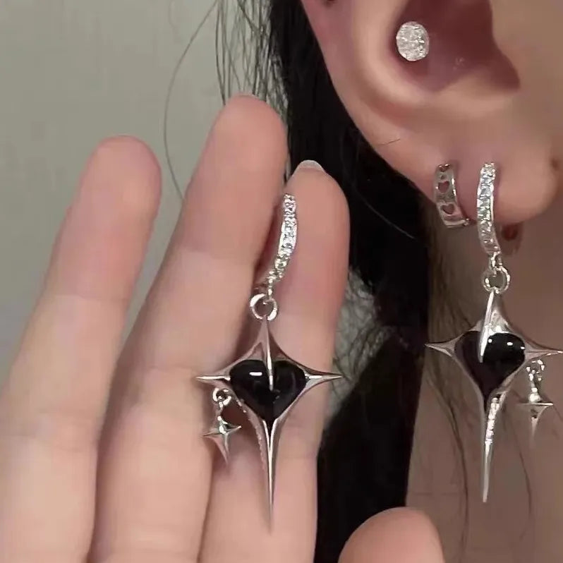 Star Cross Drop Earrings Black Zircon Heart Jewelry for Women Girls