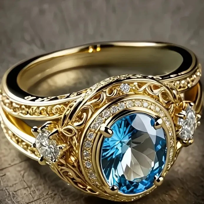 Gold Cocktail Ring with Blue Cubic Zirconia Inlay for Women’s Parties