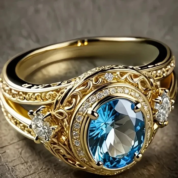 Women’s Gold Color Wedding Band with Oval Blue Cubic Zirconia Ring