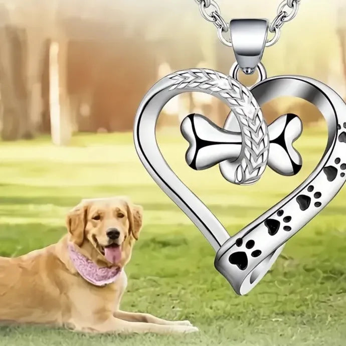 Heart Shaped Pendant Necklace with Dog Bone Footprints Brass Epoxy Gift