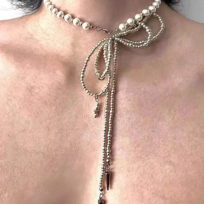Punk Imitation Pearl Bowknot Hiphop Metal Bead Tassel Necklace Unisex