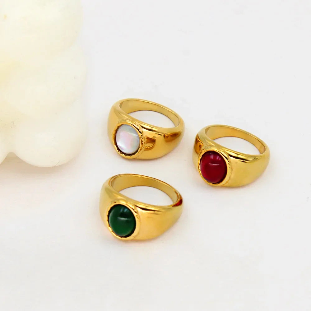 Minimalist Red Crystal Wide Thick Wedding Ring for Women Stainless Steel Gold Engagement Jewelry