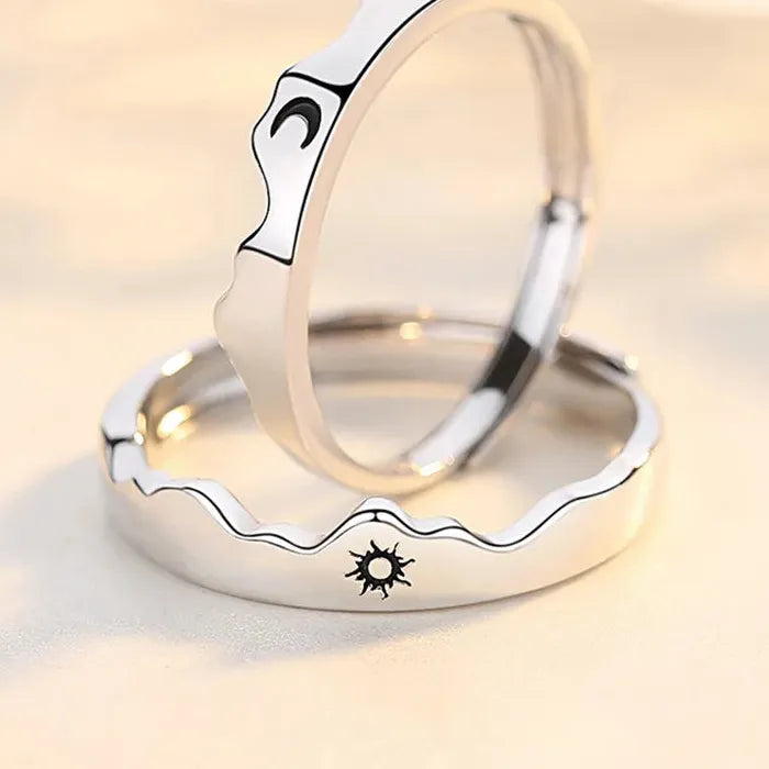 2Pcs Adjustable Silver Sun Moon Couple Heart Rings Set Gift Jewelry