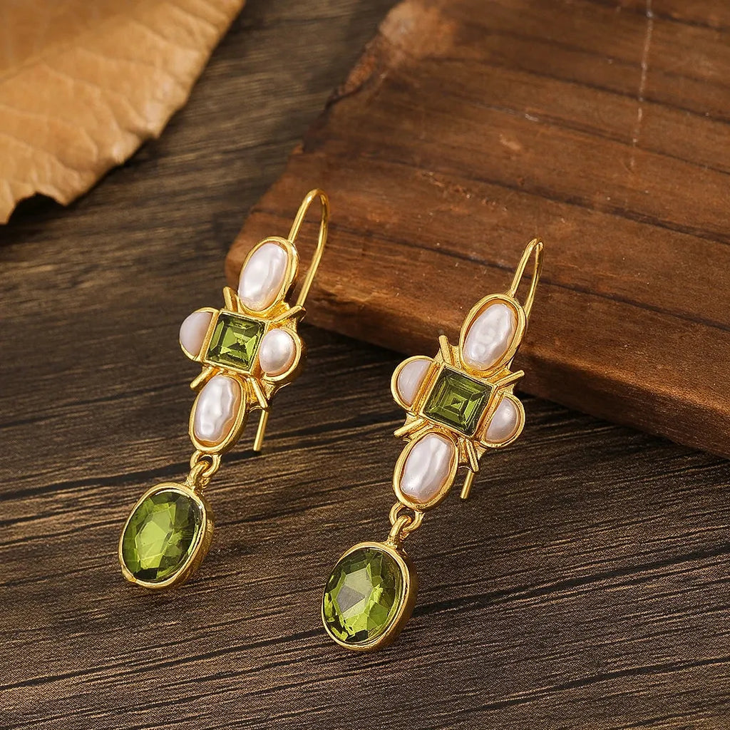 Geometric Green Stone Inlay Pearl Dangle Earrings for Women Party Jewelry