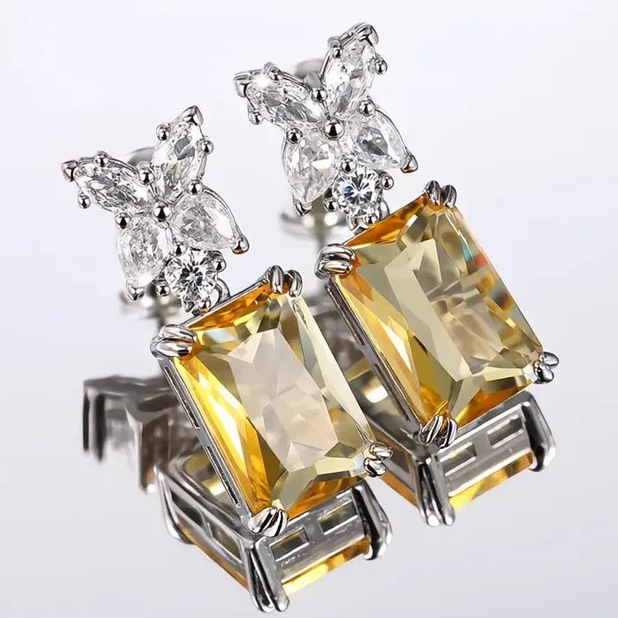 Elegant Square Cubic Zirconia CZ Dangle Earrings Yellow Gold Copper Alloy
