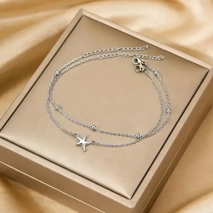 2Pcs Stainless Steel Star Double-Layer Waterproof Anklets for Women