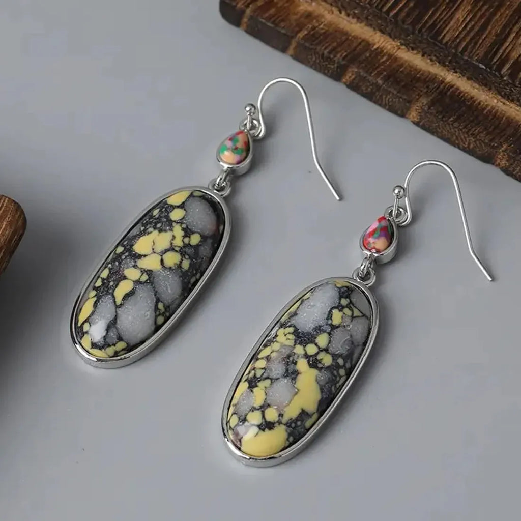 Vintage Geometric Synthetic Gemstone Long Pendant Earrings Bohemian Jewelry