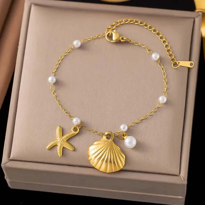 Stainless Steel Pearl Starfish Chain Bracelet Bangle for Women Ocean Jewelry