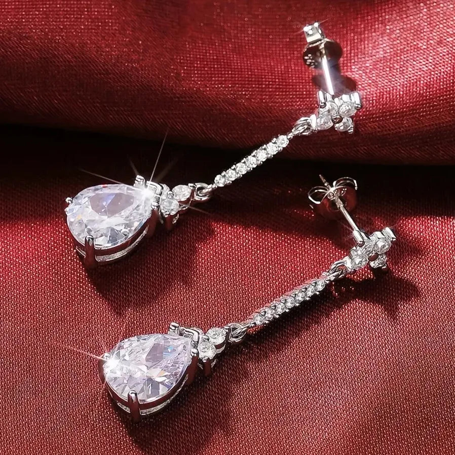 Geometric Crystal Pear Cubic Zirconia Drop Earrings Silver Wedding Jewelry