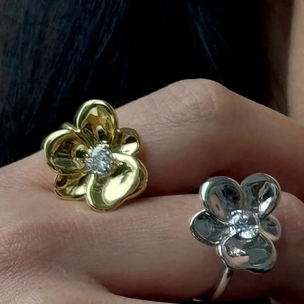 18K Gold Plated Stainless Steel Flower Zircon Petal Ring for Women Wedding Jewelry