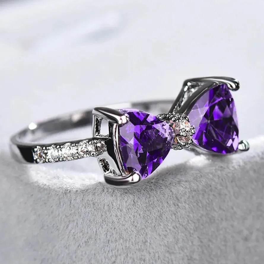 Purple CZ Bow Ring for Women Zinc Alloy Wedding Party Fashion Jewelry Gift