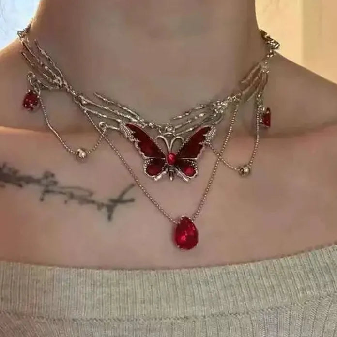 Gothic Red Crystal Butterfly Pendant Silver Ghost Claw Short Choker Necklace Women Jewelry