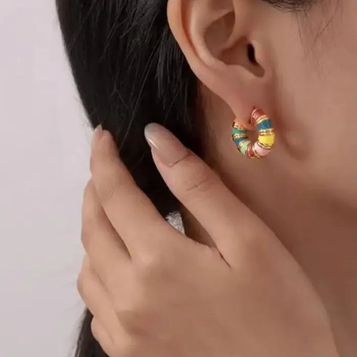 French Retro Enamel Gold Hoop Earrings 2025 Geometric Drop Jewelry Women
