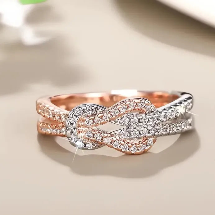 Two-tone Brass Women's Wedding Band Ring with Cubic Zirconia Sparkle