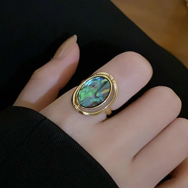 Rotatable Double Sided Opal Ring Women Stainless Steel Geometric Statement Jewelry