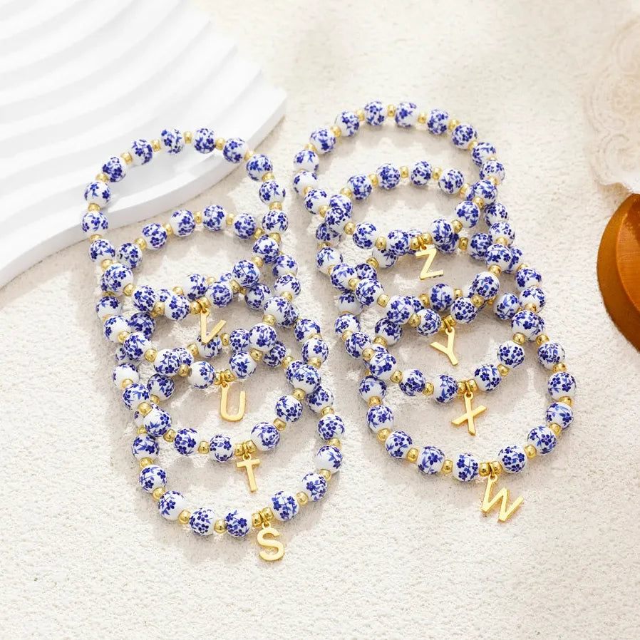 2 Pcs Handmade Blue White Porcelain Letter B Elastic Beaded Bracelet Jewelry Gift