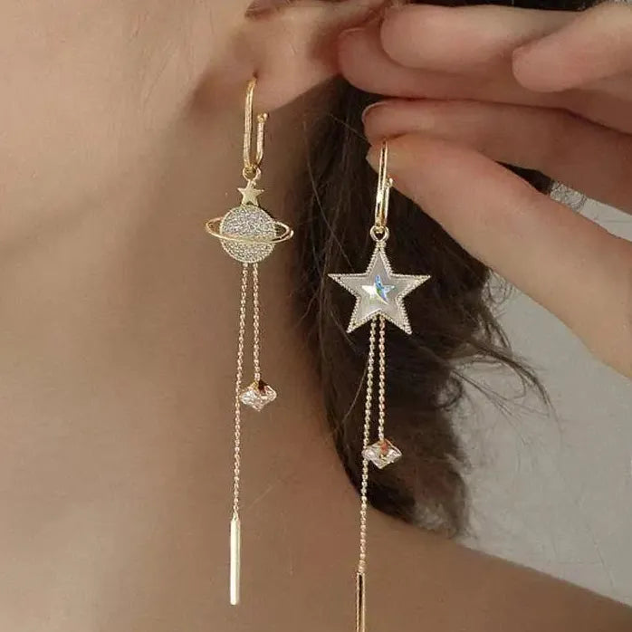 Pentagram Asymmetric Long Tassel Earrings Rhinestone Star Jewelry for Women