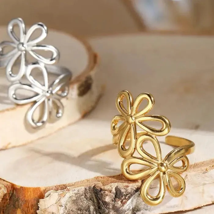 Vintage Stainless Steel Daisy Flower Ring Women Open Band Jewelry Gift