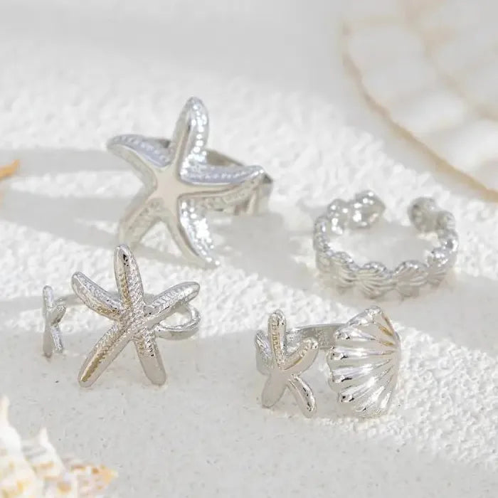 Adjustable Stainless Steel Starfish Multi-Layer Vintage Silver Ring for Women Men Jewelry