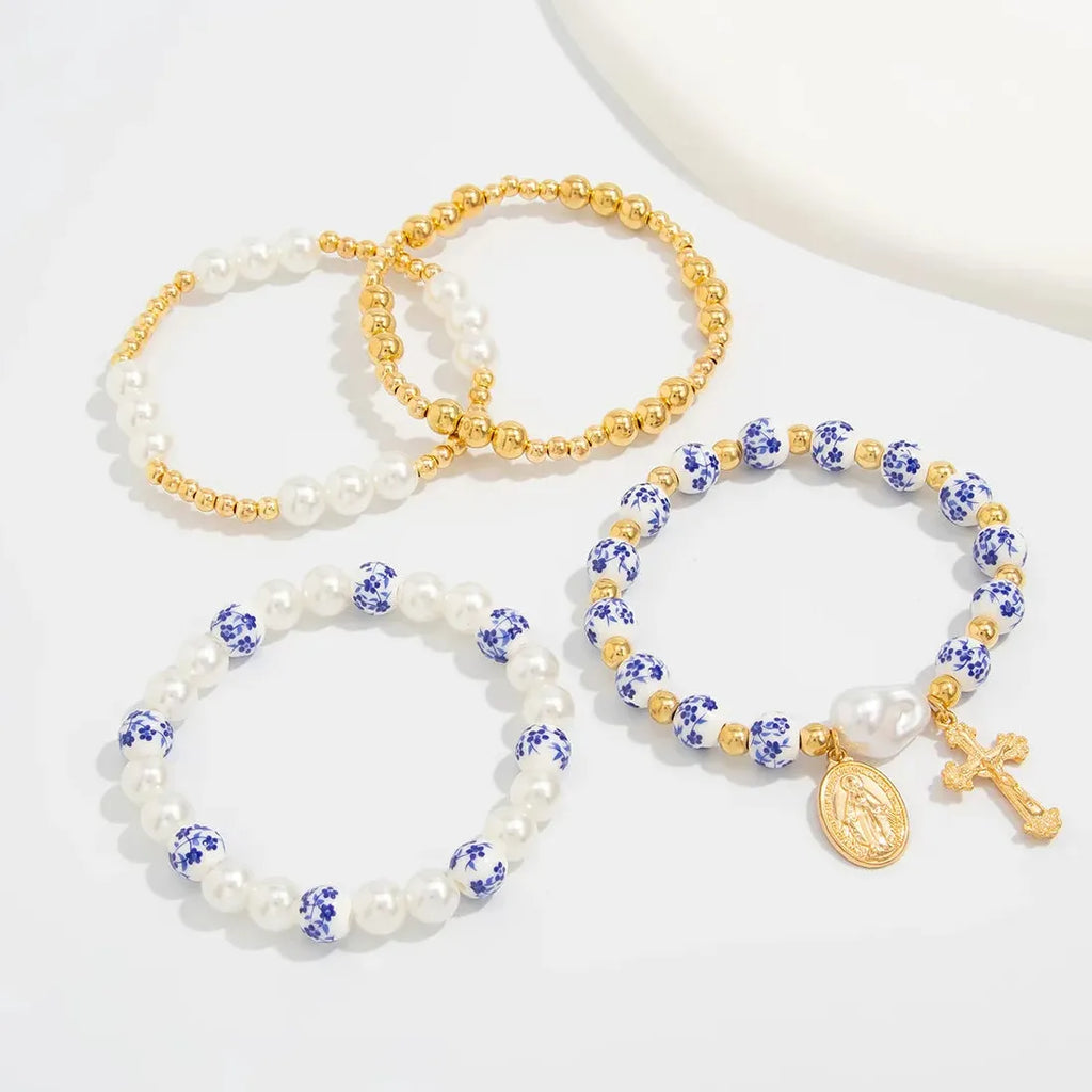 4pcs Blue White Porcelain Round Bead Bracelet Women Geometric Pearl Cross Jewelry