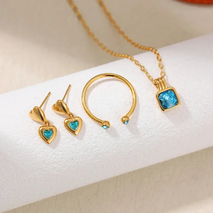 18K Gold Plated Blue Crystal Double Heart Earrings Necklace Ring Set Gift