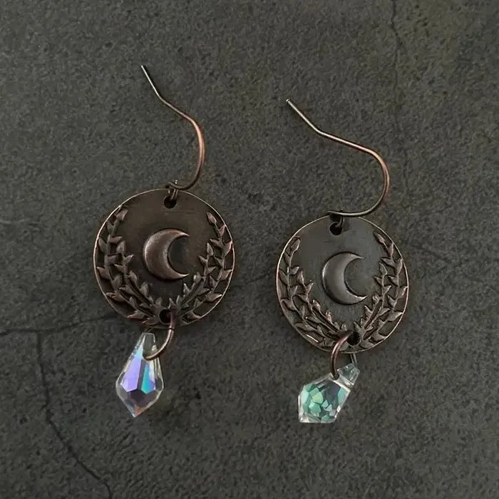 Vintage Red Copper Moon Pattern Drop Earrings for Women with Crystal Pendant Jewelry