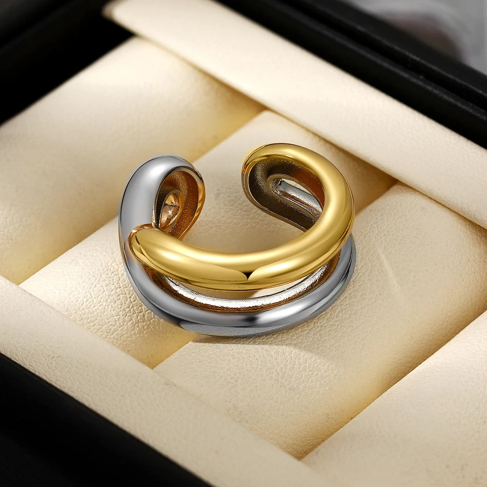 Double Layer Two-tone Knuckle Ring Women 18k Gold Plated Stainless Steel Gothic Jewelry