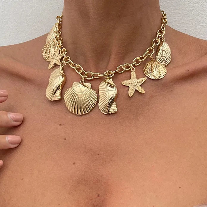 Vintage Starfish Shell Pendant Necklace Adjustable Metal Beach Gift for Women