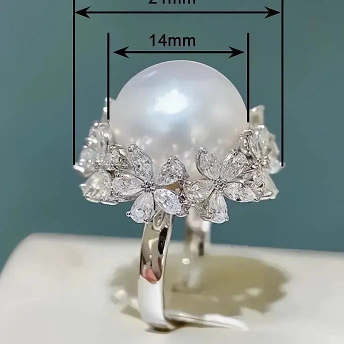 Women’s Brass Cocktail Ring with Imitation Pearl CZ Flower Geometric Design