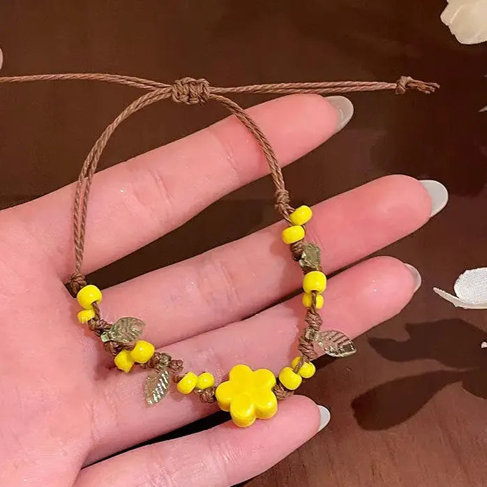 Ceramic Yellow Flower Beaded Rope Bracelet for Women Girls Spring Summer Jewelry