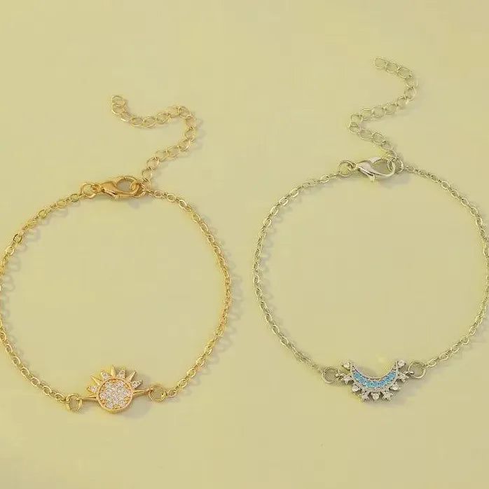 2Pcs Adjustable Copper Bracelets Sun Moon Star Rhinestone Gift Set
