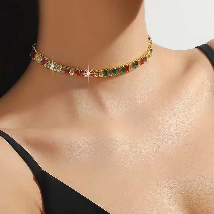 Stainless Steel Zircon Crystal Rectangle Geometric Choker Necklace Women Jewelry Set
