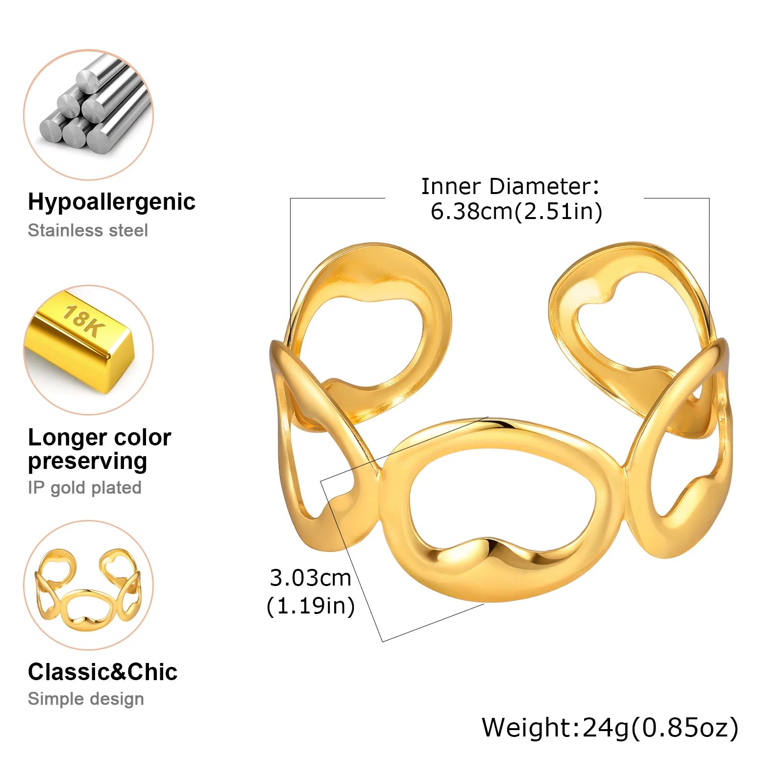 Gold-Tone Stainless Steel Geometric Skeleton Open Cuff Bracelet for Women