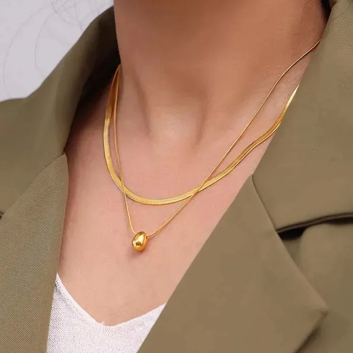 Vintage Gold Stainless Steel Water Drop Pendant Necklace for Women Snake Chain