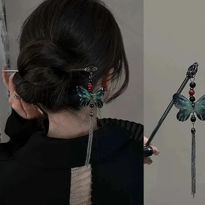 2024 Chinese Style Butterfly Flower Tassel Zinc Alloy Hair Stick for Women