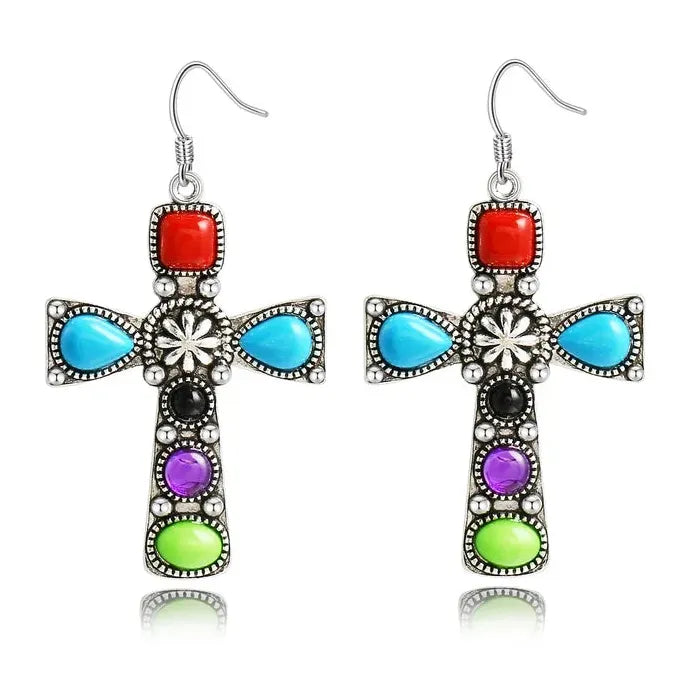 Vintage Bohemian Style Colored Gemstone Inlaid Pendant Drop Earrings for Women
