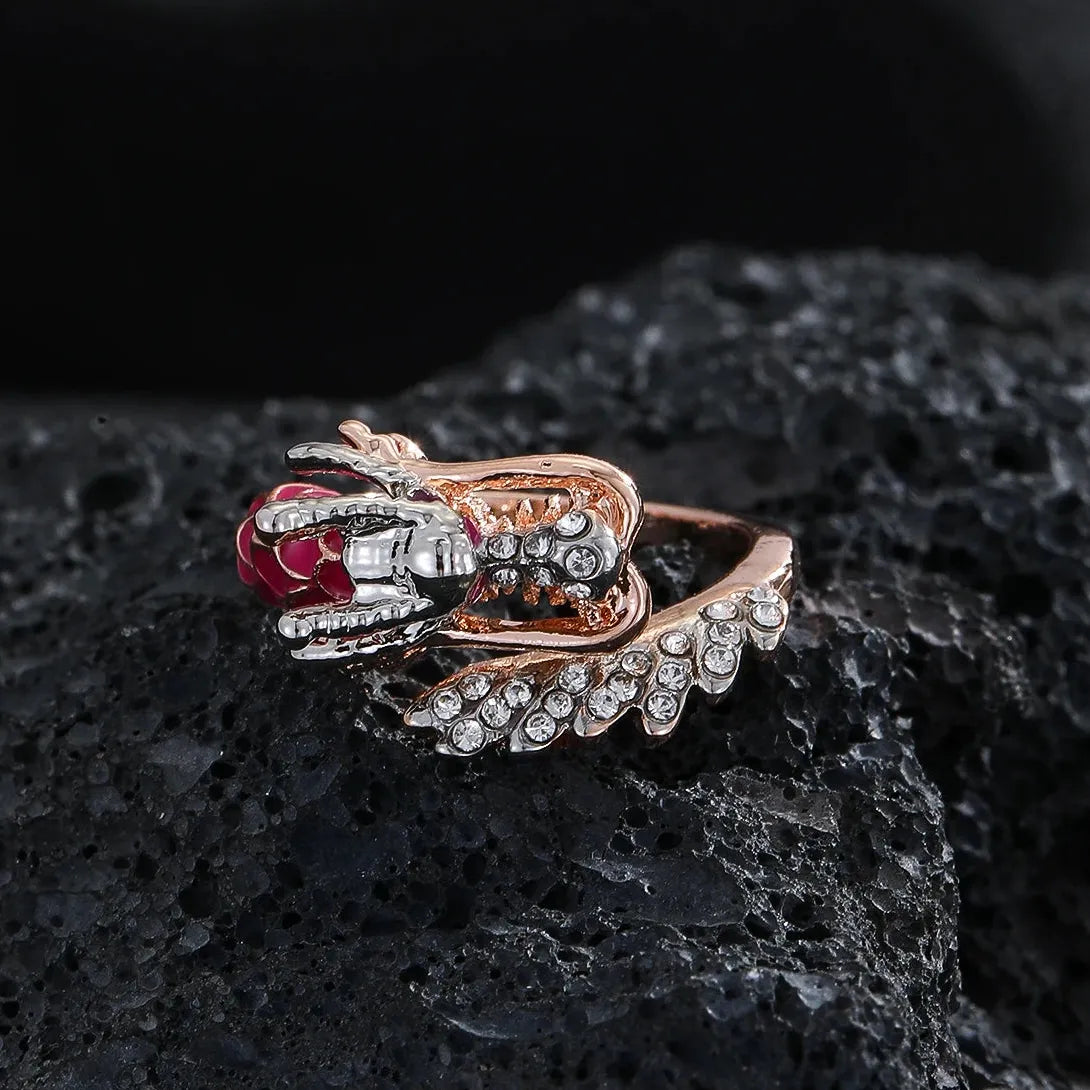 Rose Gold Dragon Ring for Women Zinc Alloy Metal Inlaid White Stone Jewelry