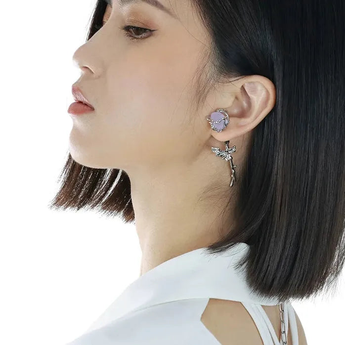 Copper Purple Crystal Rose Thorn Branch Stud Earrings for Women Vintage Jewelry