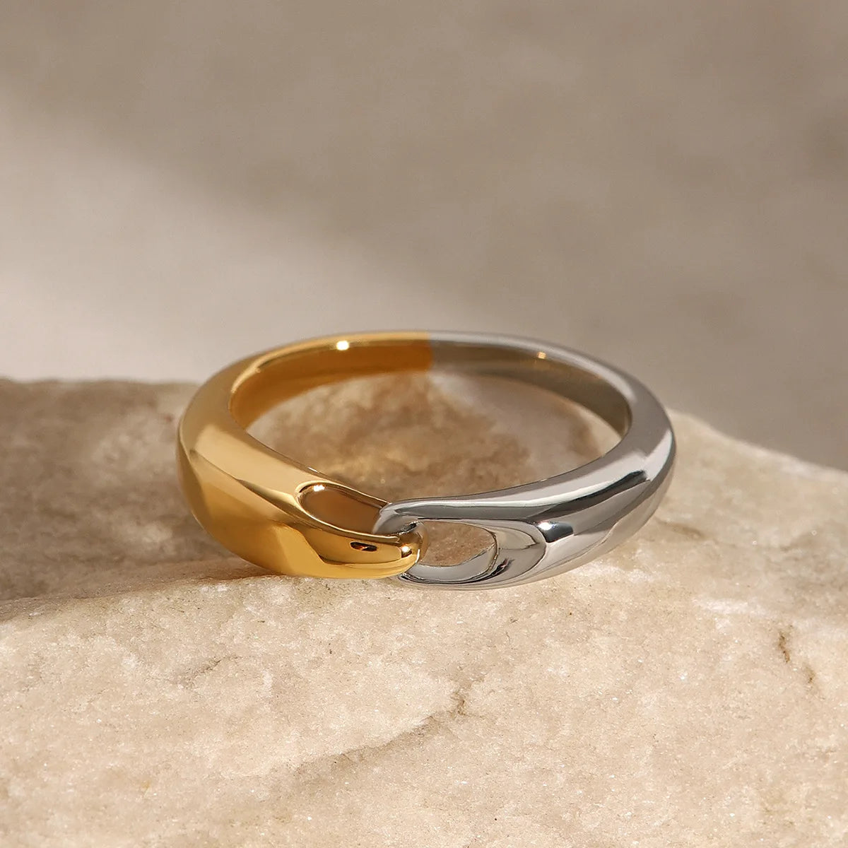 Size 7 Colorblocked Stainless Steel Round Montage Rings Polished Minimalist Punk Jewelry
