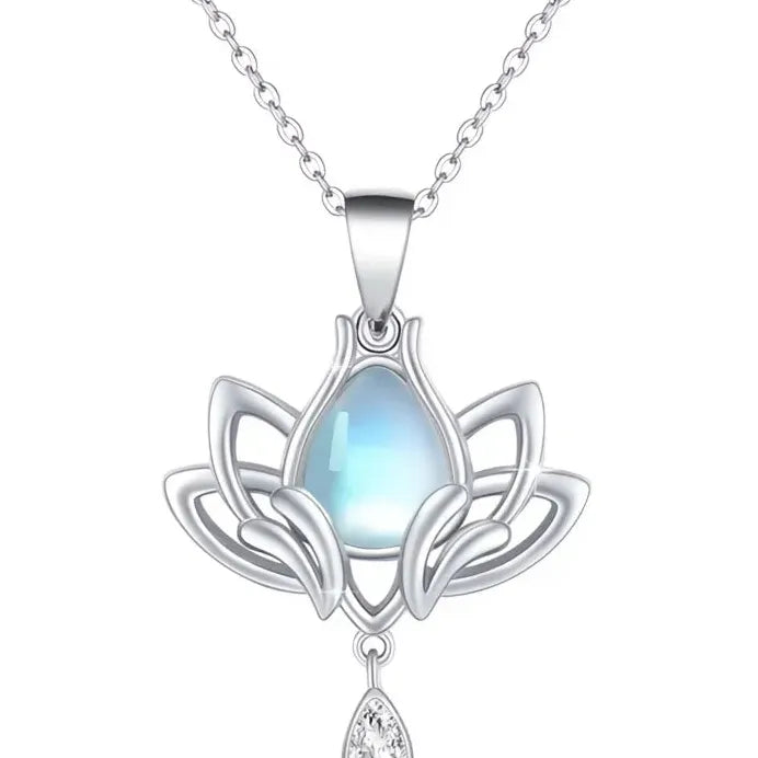 Lotus Pendant Necklace with Imitation Moonstone and Cubic Zirconia Charm