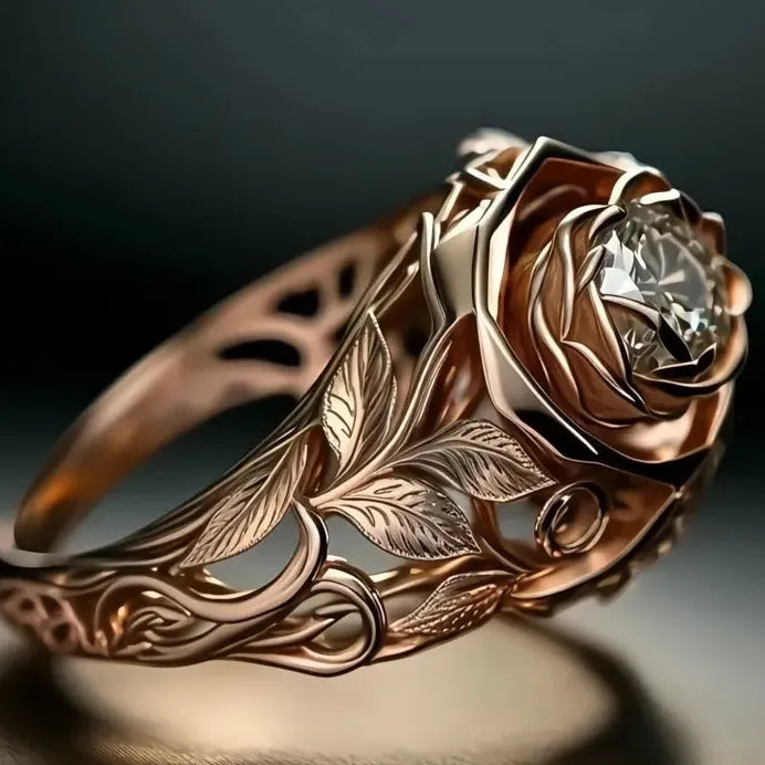 Elegant Hollow Out Rose Leaf CZ Brass Cocktail Ring for Women Party Jewelry