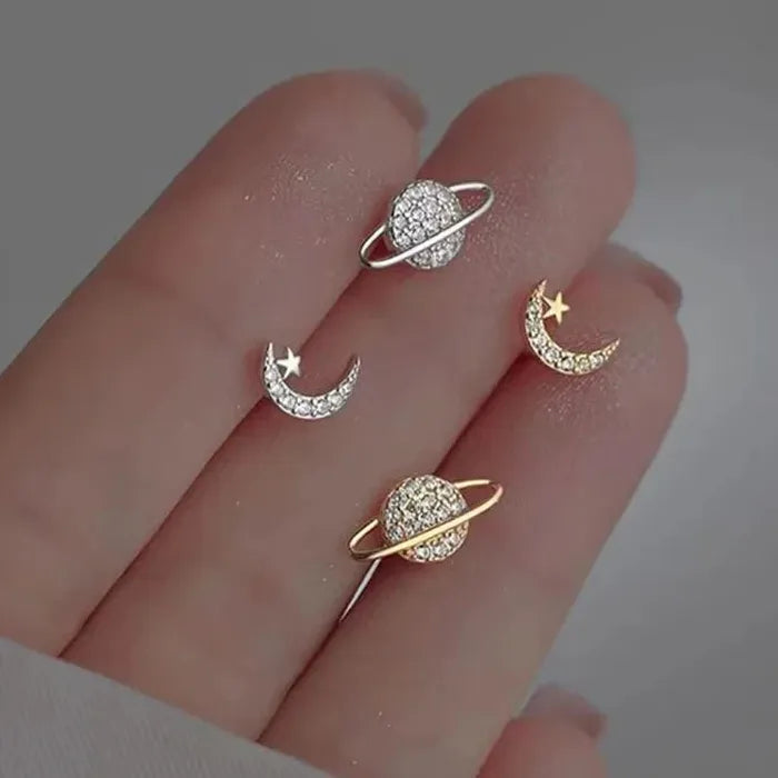 Zircon Star Moon Mini Korean Asymmetric Stud Earrings for Women Gift